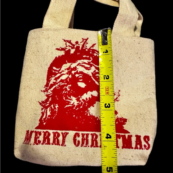Vintage Christmas Canvas Tote Bag Painted Santa Claus Wood Handle 4.5” X 5.5” - Picture 3 of 5